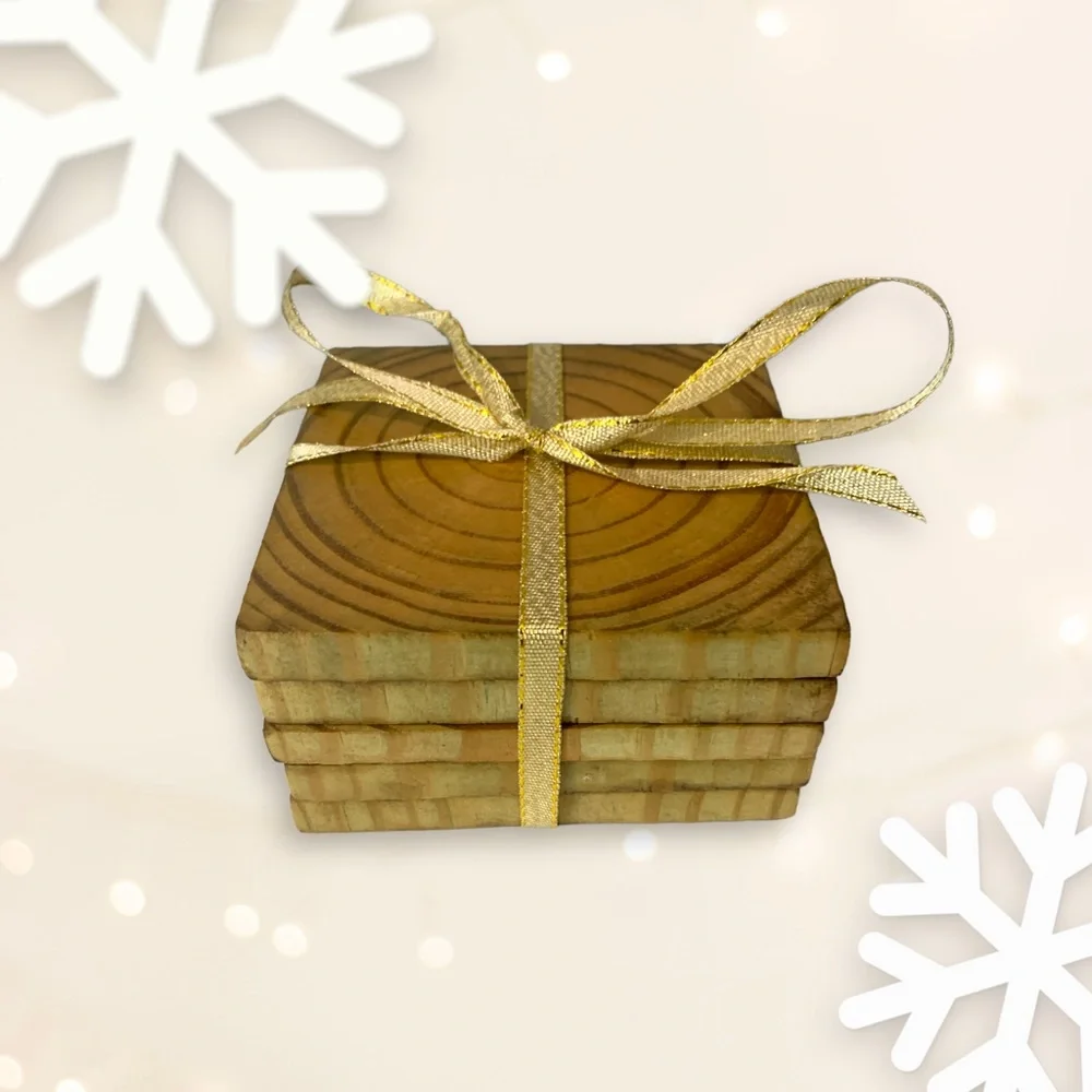 Wooden Coaster Set Handmade In USA Rustic Cabin Decor Classic Oak Stain 5 PC